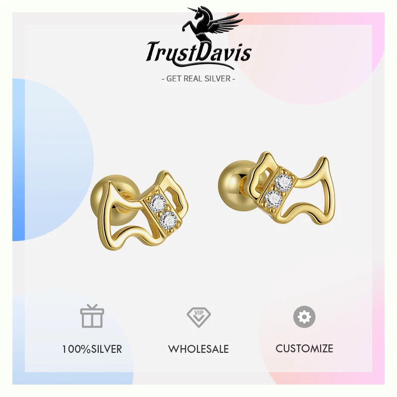 TrustDavis 925 Sterling Silver Women's Stud Earring Fashion Simple Zircon Dog Screw Earrings for Women Girls Jewelry Gift DS4298