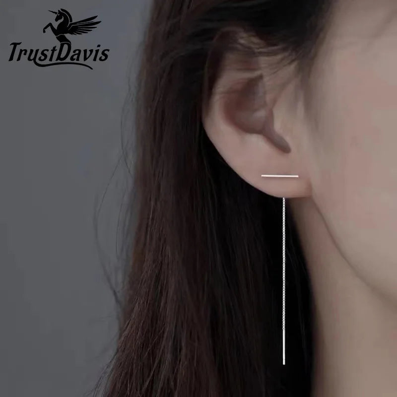 TrustDavis 925 Sterling Silver Ear Line Simple Geometric Drop Earring for Women Teens Wedding Party Fine Jewelry DS3934