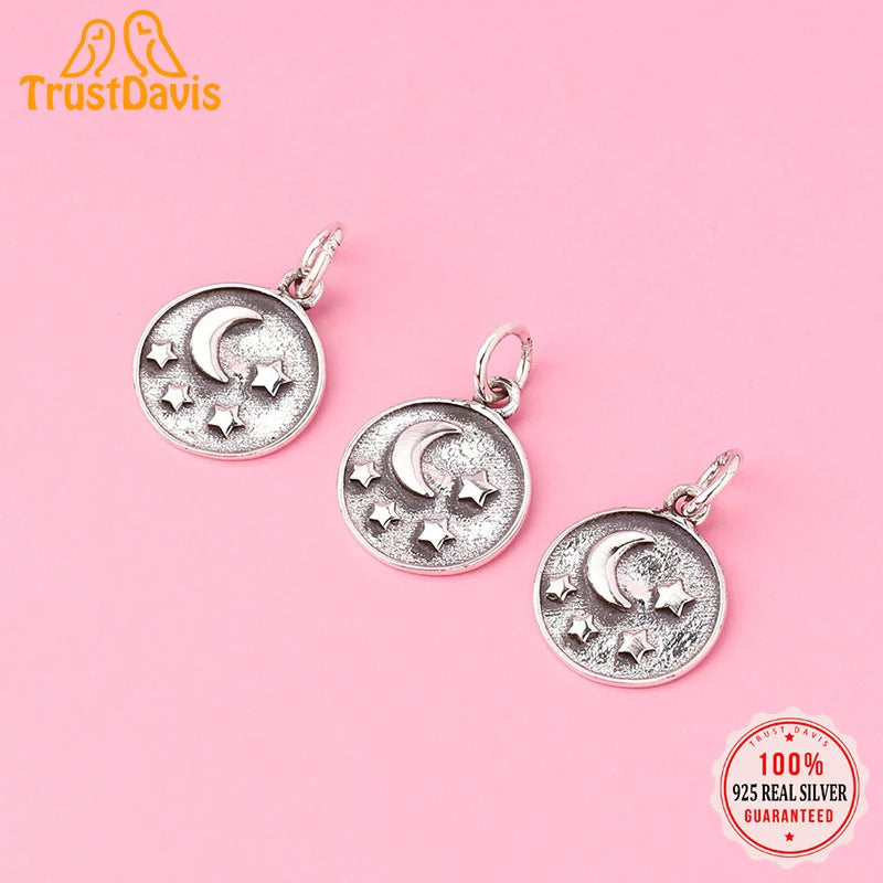 TrustDavis New Fashion Real 925 Sterling Silver Little Retro Star Moon Round Pendant Handmade DIY Accessories Wholesale DZ1666