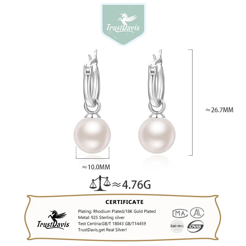 TrustDavis Real 925 Sterling Silver Fashionable and Elegant Pearl Earrings for Women Wedding Fine Jewelry DS4180