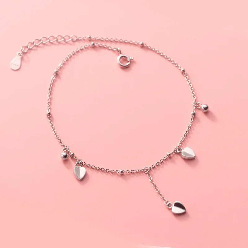TrustDavis Real 925 Sterling Silver Fashion Sweet Tassel Beads Heart Anklets For Women Wedding Fine Silver 925 Jewelry DA1750