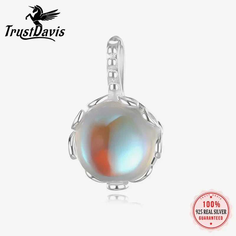 TrustDavis Real 925 Sterling Silver Charm Round Flower Moonstone Pendant Handmade DIY Necklace Accessories 925 Jewelry HY759