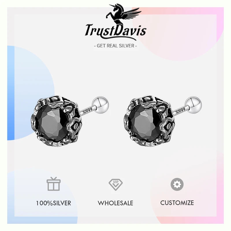 TrustDavis 925 Solid Real Sterling Silver Retro Fashion Screw Stud Earrings for Women Men Silver Jewelry DS4161