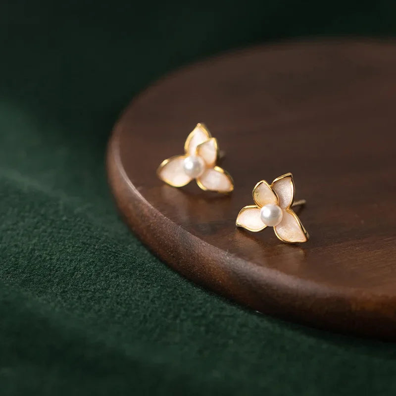 TrustDavis Real 925 Sterling Silver Sweet 18k Gold Flower Synthesis Pearl Stud Earrings For Fashion Women Gift Jewelry DE0316