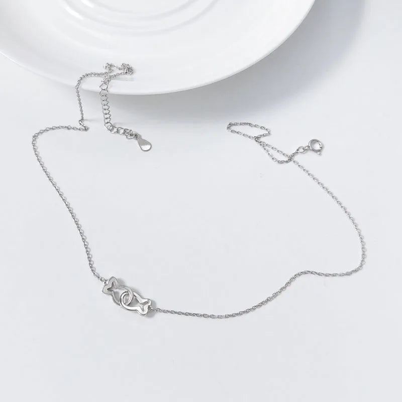 Real 925 Sterling Silver Hollow Double Fish Zircon Necklace DS4959