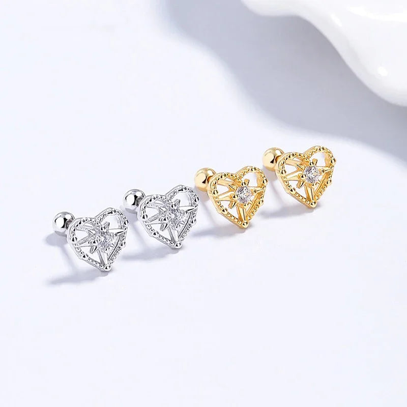 Real 925 Sterling Silver Heart Zircon Stud Earrings DS4022