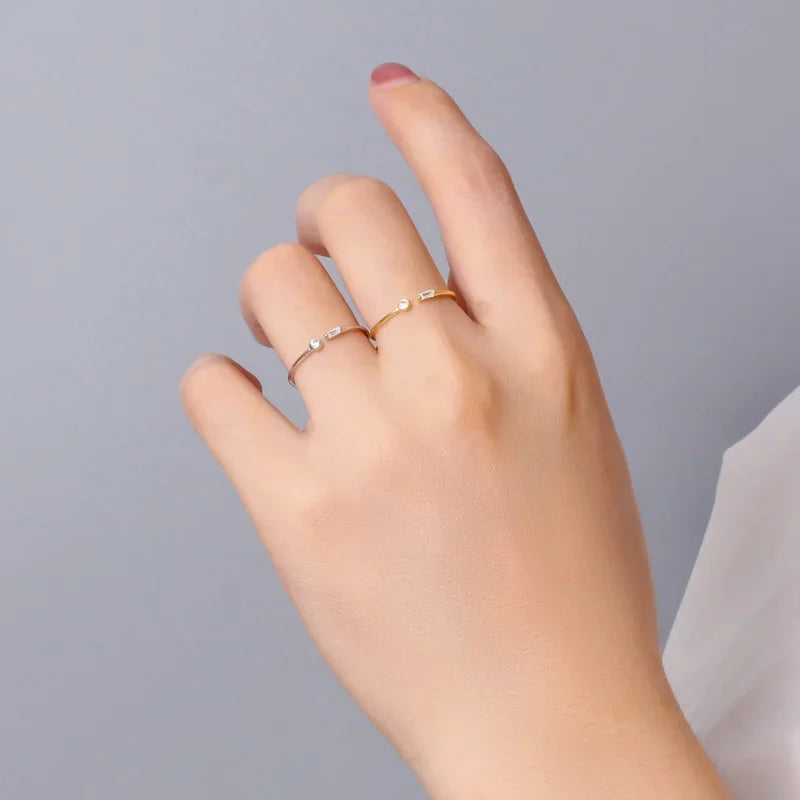 TrustDavis Real 925 Sterling Silver 18K Gold Square Round CZ Opening Rings For Women Wedding Anniversary Fine Jewelry DE0041