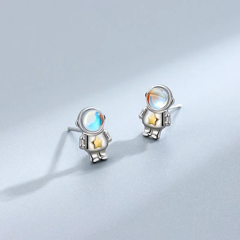 TrustDavis Real 925 Sterling Silver Sweet Astronaut Star Moonstone Earrings For Daughter children Birthday Gift Jewelry DA2568