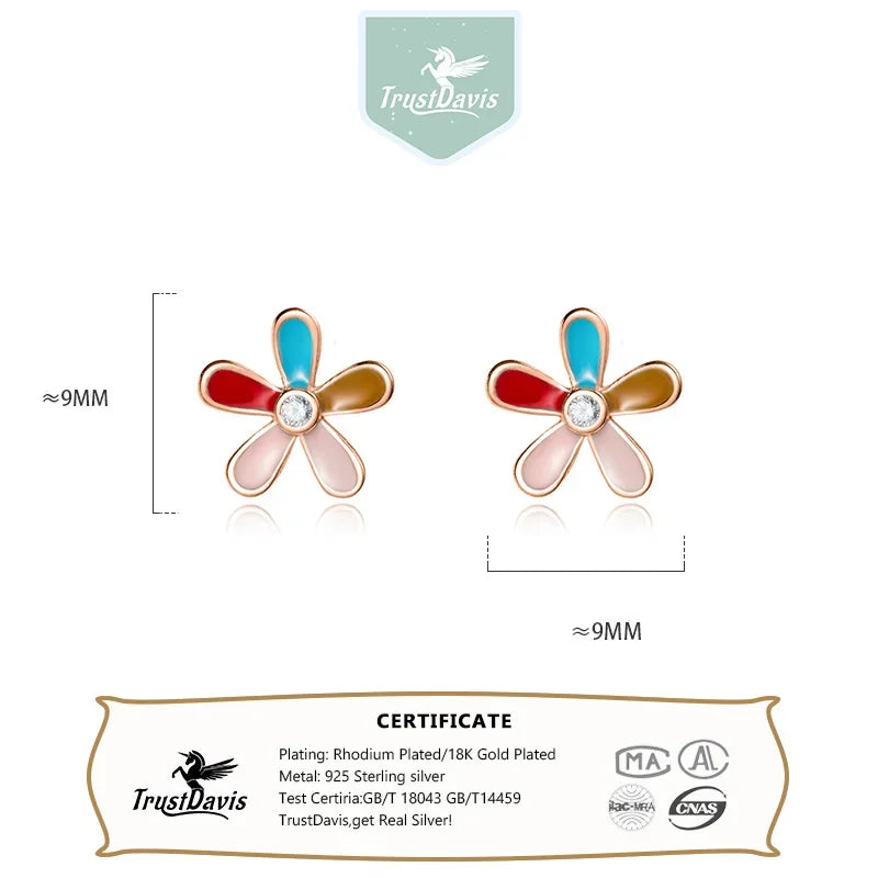 TrustDavis Girls Real 925 Sterling Silver Cute Colorful Five Petal Flower Earring Gift for Women Girl Fine Jewelry Gift DS4074