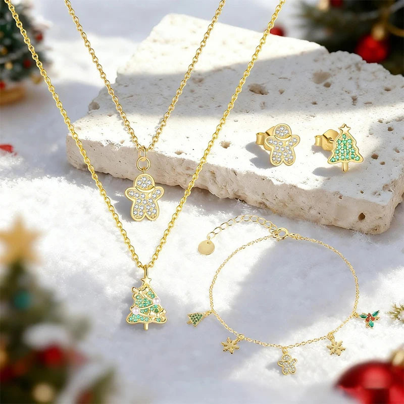 TrustDavis 925 Sterling Silver Women's Fashion Simple Christmas Tree Snowman Set for Women Girls Christmas Jewelry Gift DS4696