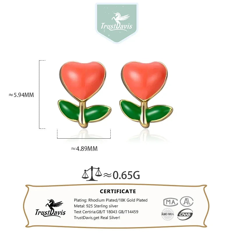 TrustDavis Real 999 Sterling Silver Cute Heart Flower Stud Earrings for Women Young Daughter Birthday Party Gift DS4649
