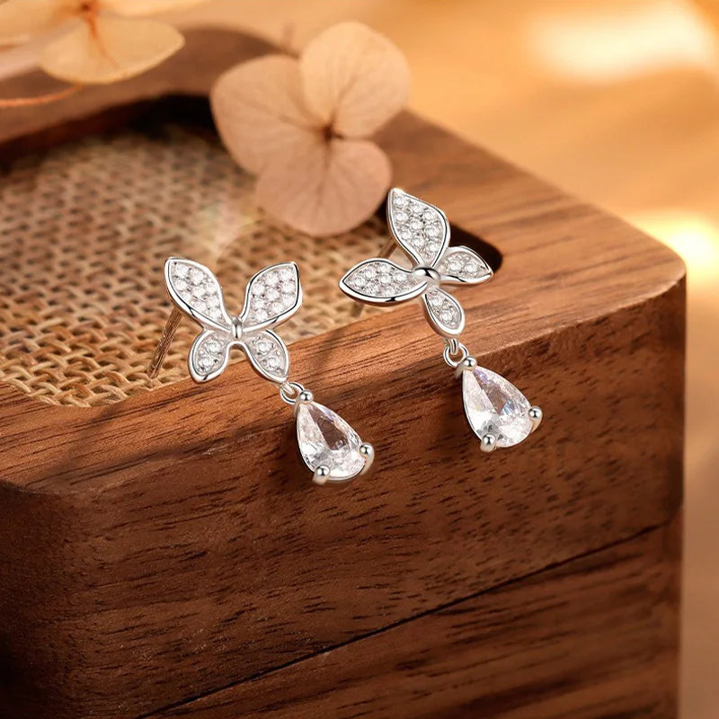 TrustDavis Real 925 Sterling Silver Women's Fashion Simple Butterfly Zircon Drop Earrings for Women Girls Gift Jewelry DS4236