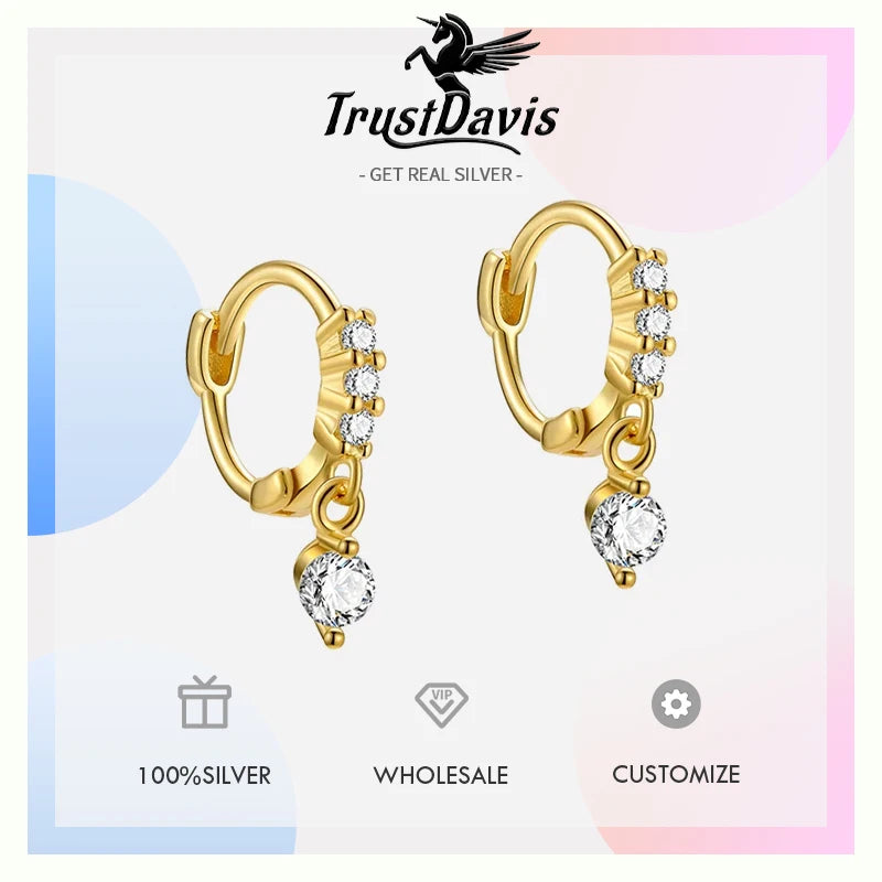 TrustDavis Fashion Geometric Hoop Earrings S925 Sterling Silver Drop Earrings Zircon Personality for Women Party Jewelry L458