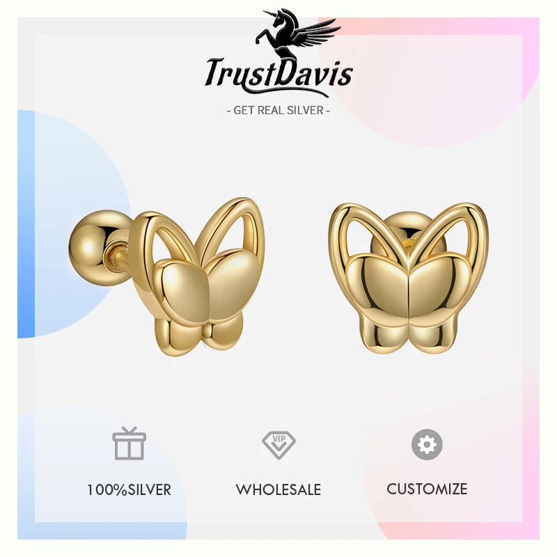 TrustDavis 925 Sterling Silver Women's Fashion Simple Hollow Butterfly Screw Earrings for Women Girls Jewelry Gift DS4270