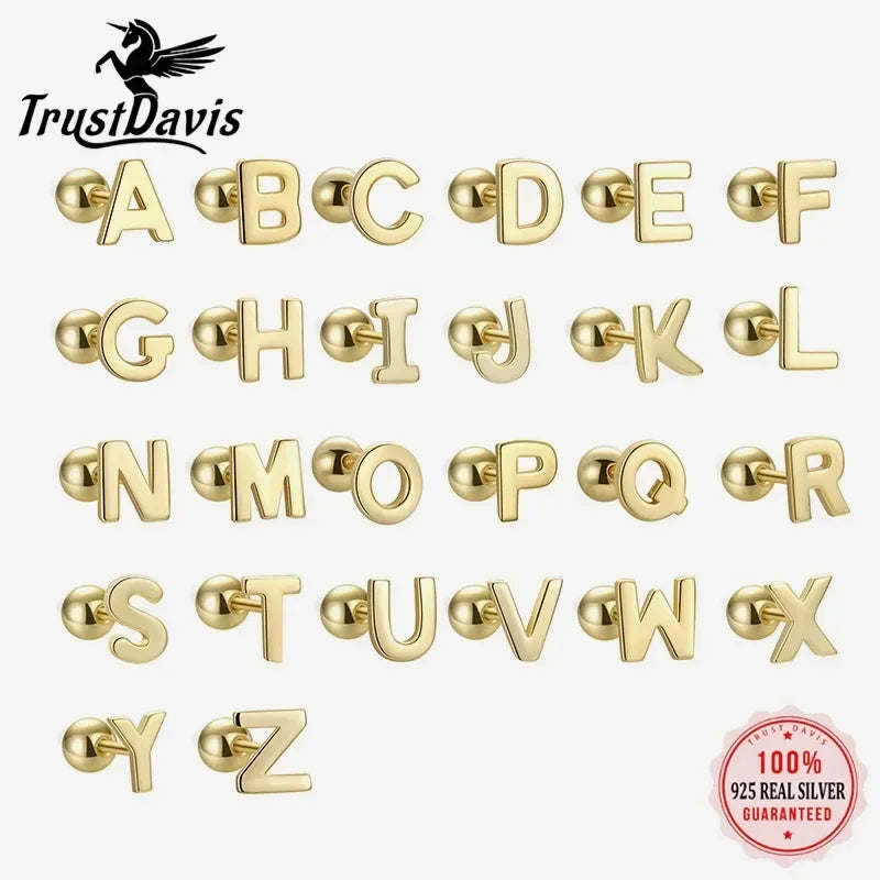 TrustDavis Real 925 Sterling Silver Stud Earrings 26 Letter CZ Screw Beads For Women Children Baby Minimalist Jewelry DA2559