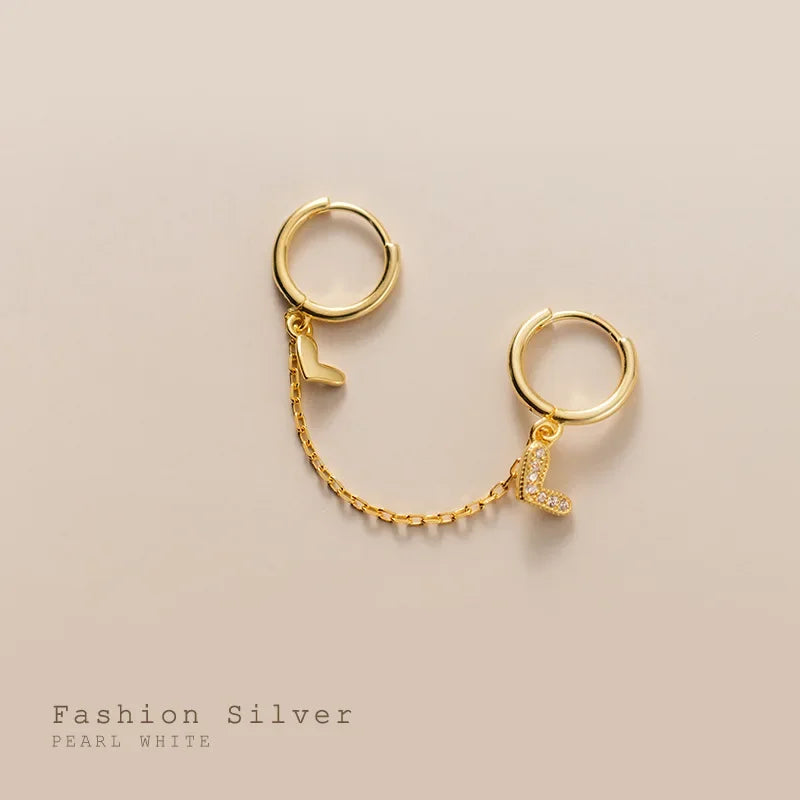 TrustDavis 1Pcs Real 925 Sterling Silver Fashion Heart Chain Double Hoop Earrings For Women Wedding Party Fine Jewelry DA2287