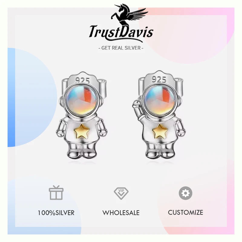 TrustDavis Real 925 Sterling Silver Sweet Astronaut Star Moonstone Earrings For Daughter children Birthday Gift Jewelry DA2568