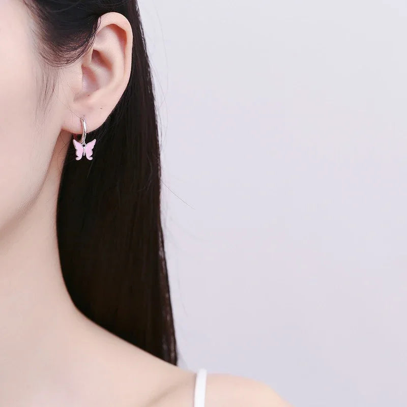 TrustDavis Real 925 Sterling Silver Charm Glaze Butterfly Pendant Hoop Earrings For Women Wedding Party Fine Jewelry Gift DS4593