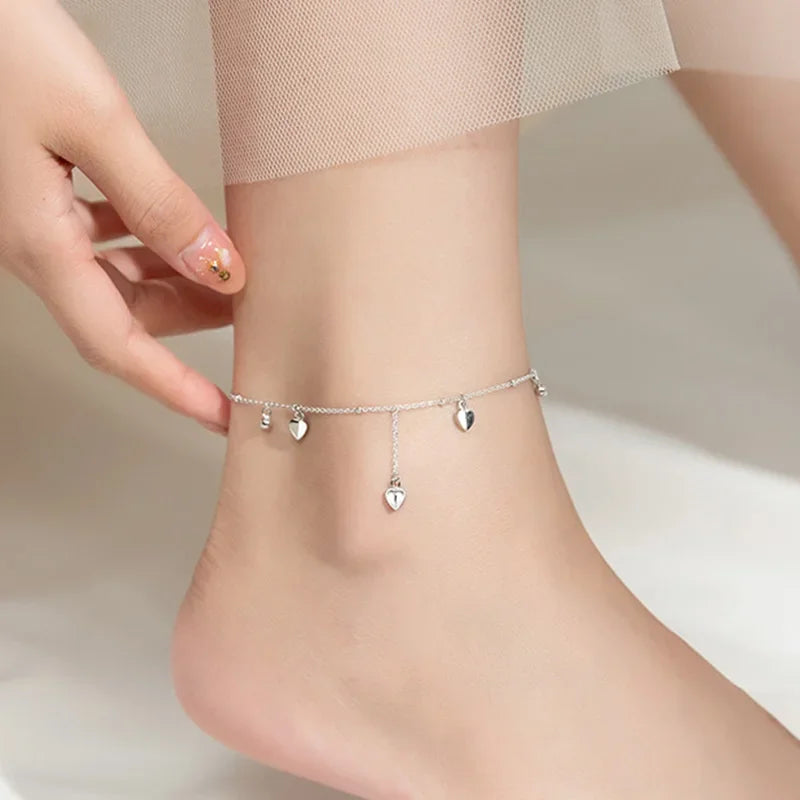 TrustDavis Real 925 Sterling Silver Fashion Sweet Tassel Beads Heart Anklets For Women Wedding Fine Silver 925 Jewelry DA1750