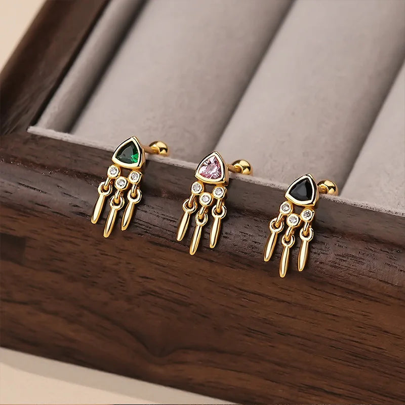 TrustDavis 925 Sterling Silver Women's Single Vintage Triangle Tassel Zirconia Earrings for Women Girls Jewelry Gift DS4331