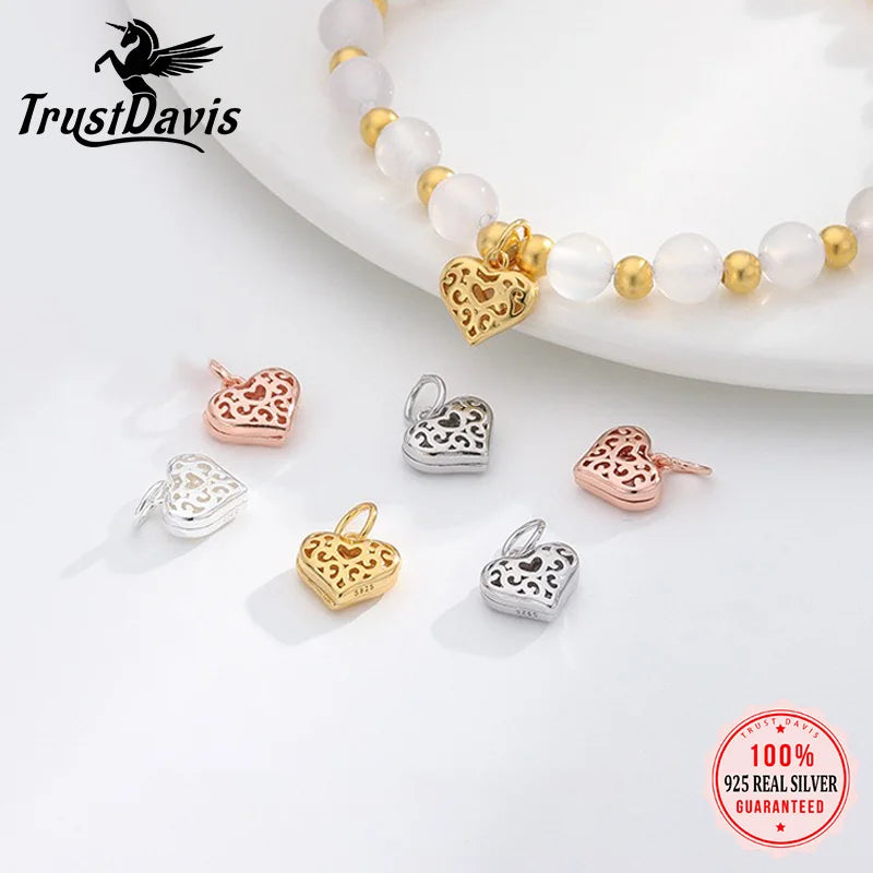 TrustDavis 925 Sterling Silver Fashion Cute Hollow Pattern Heart Pendant DIY Necklace Bracelet Accessories Fine Jewelry DZ1848