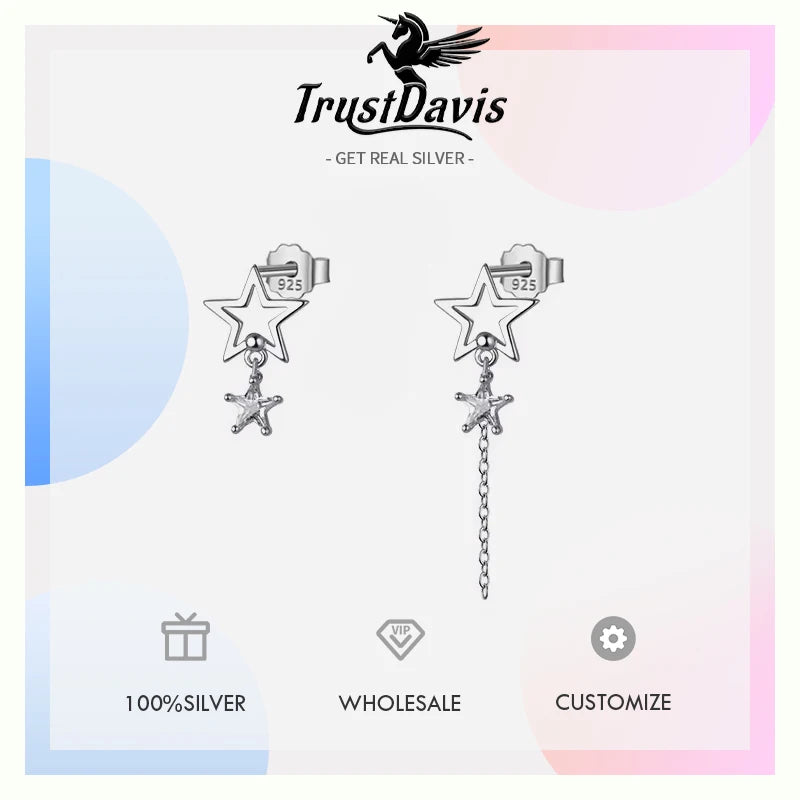 Trustdavis Real 925 Sterling Silver Fashion Sweet Asymmetric Star CZ Dangle Stud Earrings For Women Wedding Party Jewelry DA2685