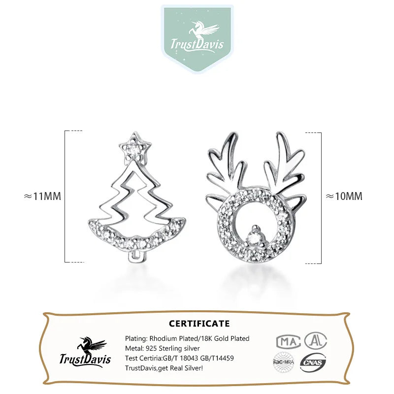 TrustDavis Real 925 Sterling Silver Fashion Fine Elk Asymmetric Christmas Tree Stud Earrings for Women Jewelry DB161