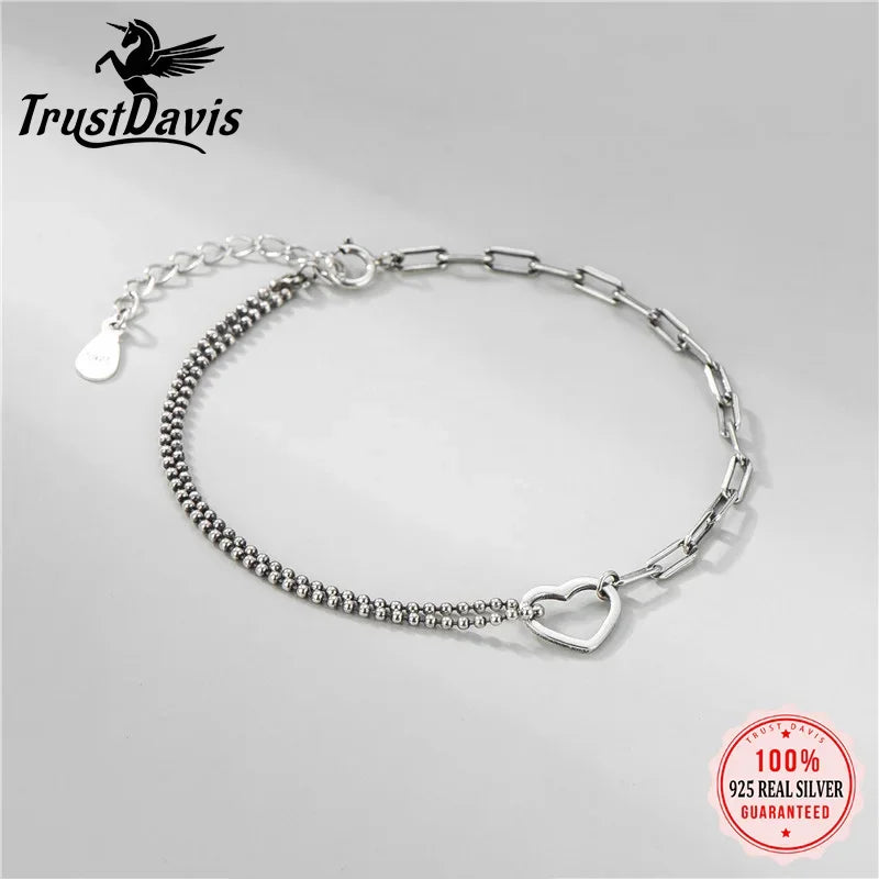 TrustDavis Real 925 Sterling Silver Bracelet Fashion Romantic Heart Beads Chian Bracelet For Women Wedding Fine Jewelry DA2589