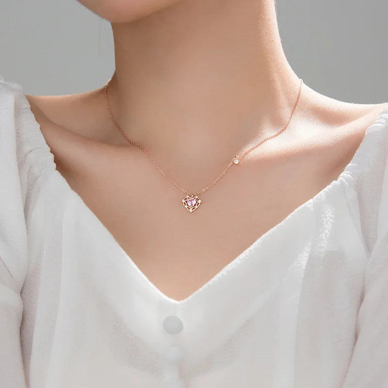 Heart Hollow Pink Stone Short Chain Necklace DS3358