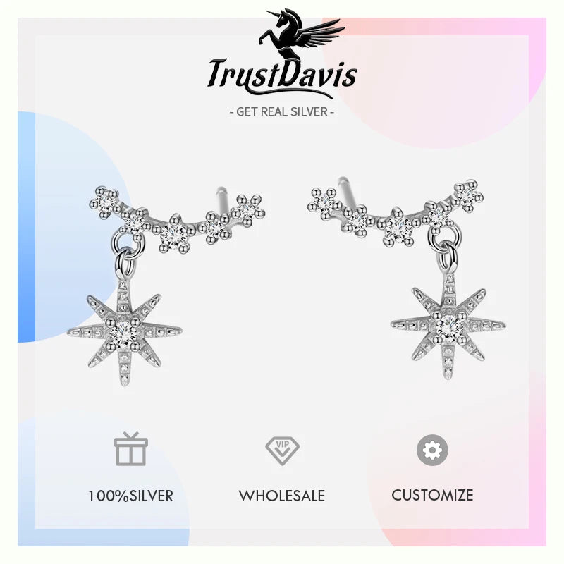 TrustDavis 925 Sterling Silver Women's Fashion Simple Starry Sky Zircon Tassel Earrings for Women Girls Jewelry Gift DS4338