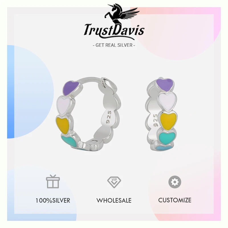TrustDavis 925 Sterling Silver Women's Fashion Simple Colorful Epoxy Heart Hoop Earrings for Women Girls Jewelry Gift DS4433