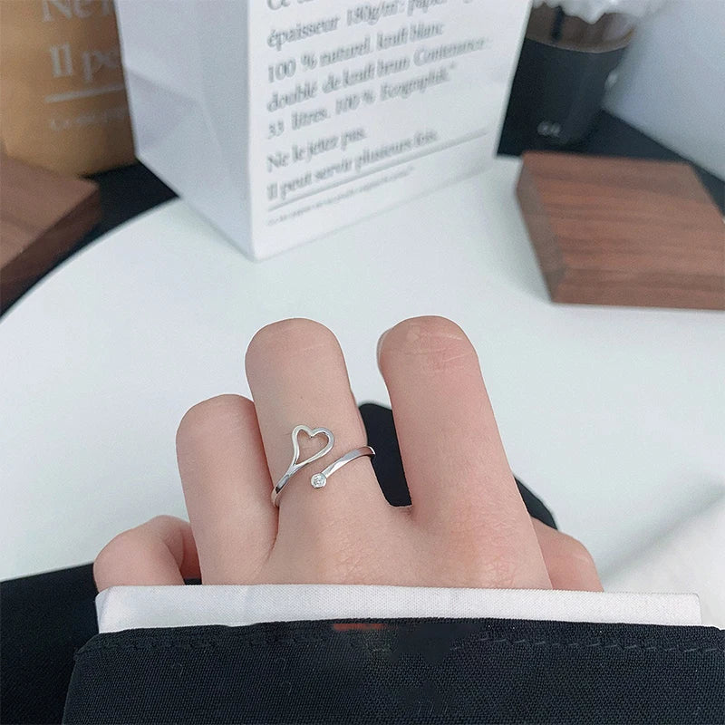 TrustDavis Real 925 Sterling Silver Women's Fashion Simple Hollow Heart-shaped Open Ring for Women Girl Jewelry Gift DS4255
