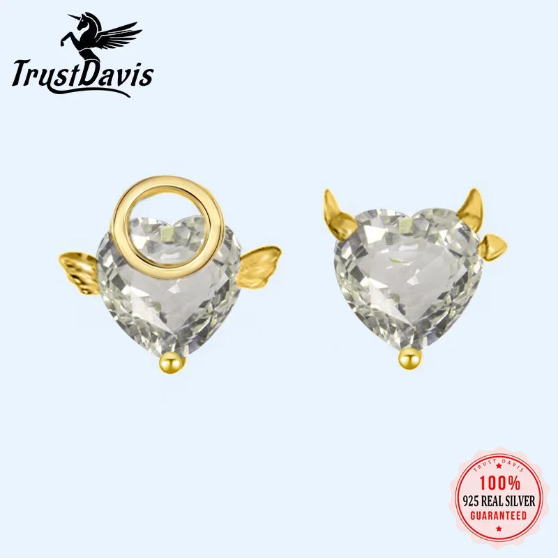TrustDavis Real 925 Sterling Silver Stud Earrings for Women Asymmetrical Heart Shiny CZ Wedding Valentine's Day Jewelry DA2859