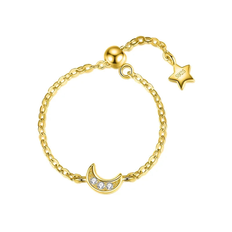 TrustDavis Genuine 925 Sterling Silver Cute Gold Moon Chain Adjustable Ring For Women Wedding Silver 925 Ring Jewelry Gift DA204