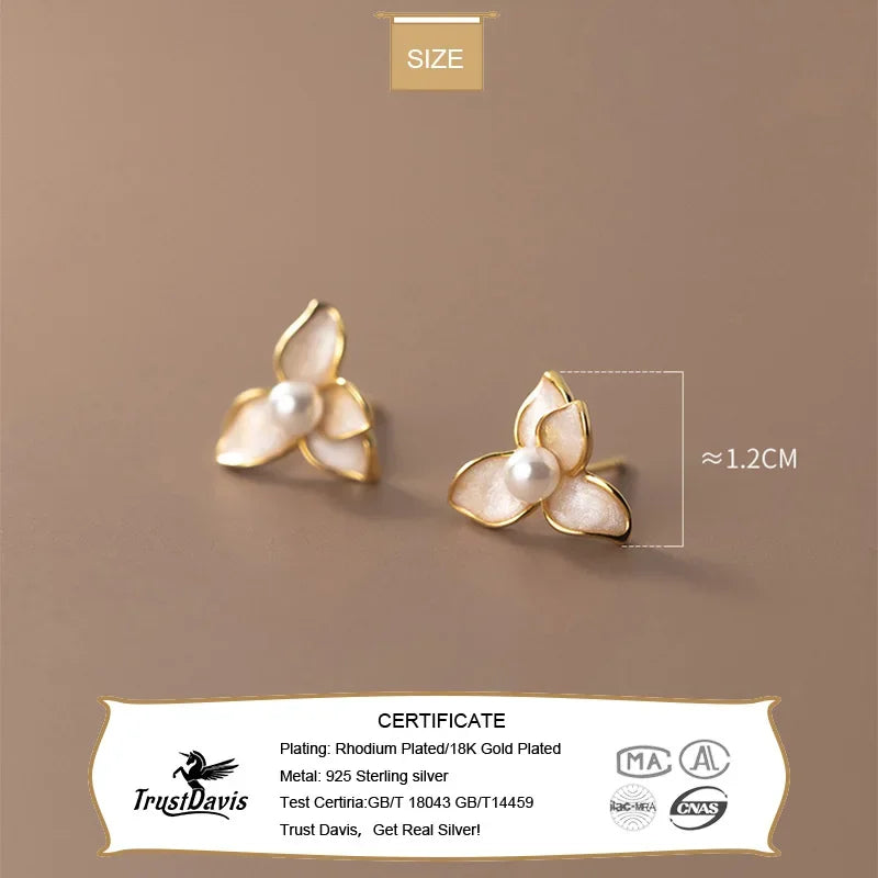 TrustDavis Real 925 Sterling Silver Sweet 18k Gold Flower Synthesis Pearl Stud Earrings For Fashion Women Gift Jewelry DE0316