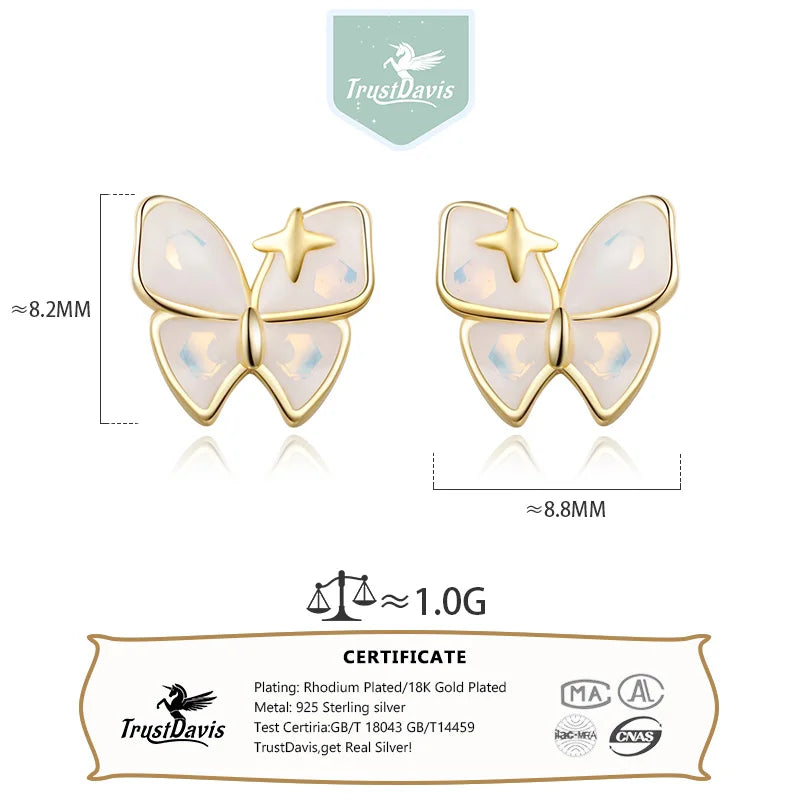 Real 925 Sterling Silver Sweet White Glazed Butterfly Stud Earrings DS4126