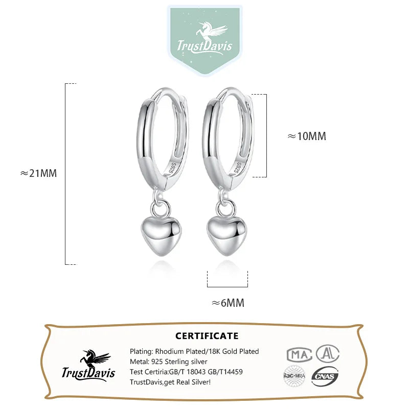925 Sterling Silver Romantic Heart Dangle Hoop Earring DA1954
