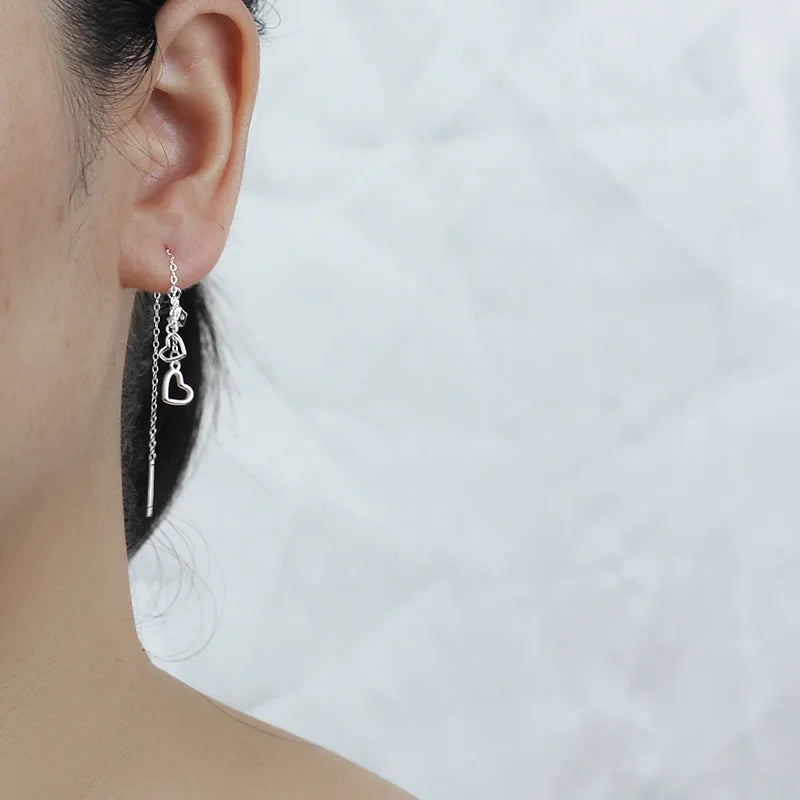 Trustdavis Minimalist 925 Sterling Silver Sweet Tassel Chain Hollow Heart CZ Drop Earring For Women Wedding Fine Jewelry DA1038