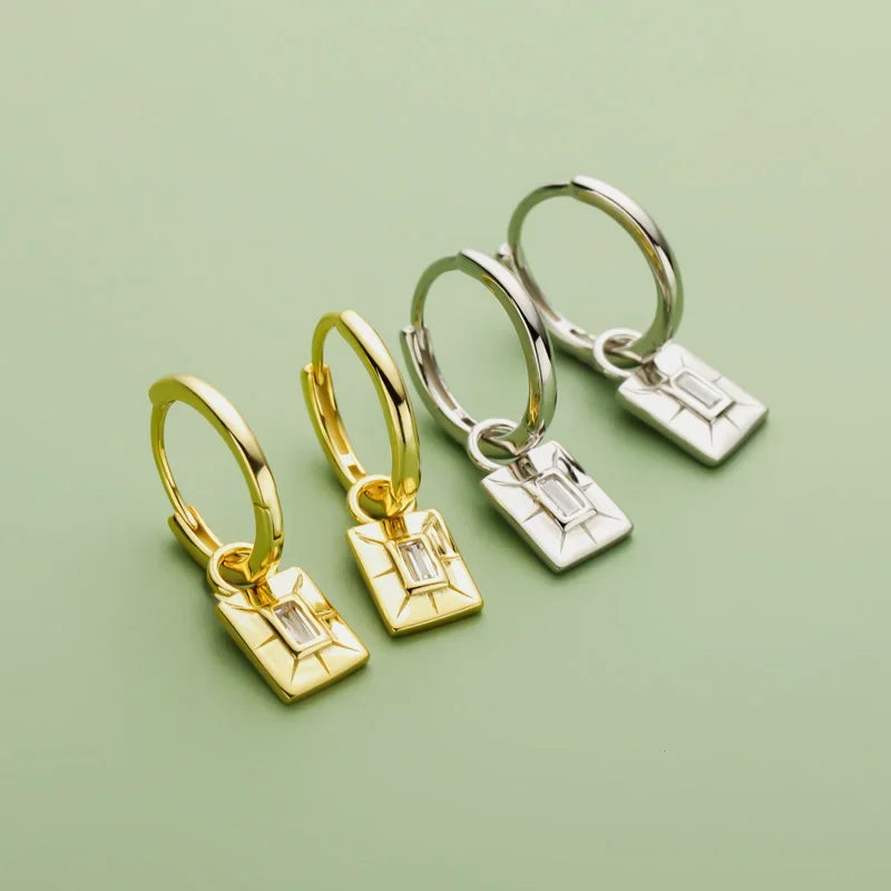 18K Gold Square Shiny CZ Pendant Hoop Earrings DF248