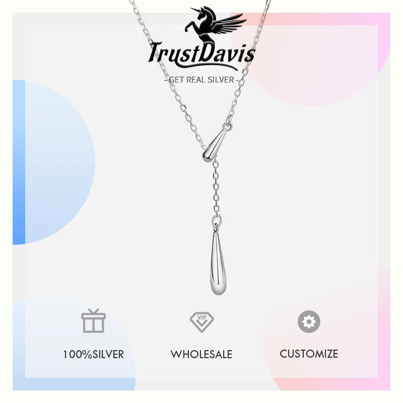 TrustDavis 925 Sterling Silver Women's Fashion Tassel Water Drop Y Adjustable Necklace for Women Girls Jewelry Gift DS4313