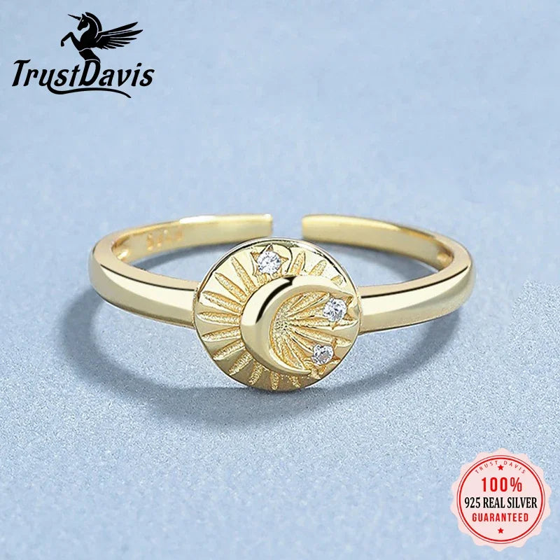 TrustDavis Real 925 Sterling Silver Sweet Sun Moon Shiny CZ Opening Ring For Women Teen Daugther Girls Xmas Gift Jewelry DS4594