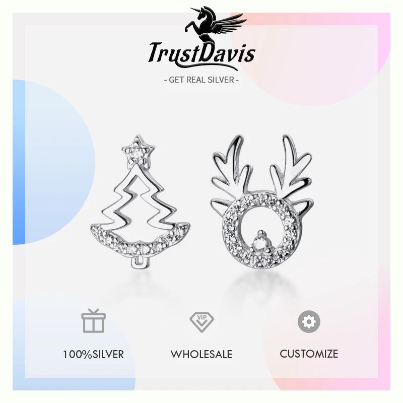 TrustDavis Real 925 Sterling Silver Fashion Fine Elk Asymmetric Christmas Tree Stud Earrings for Women Jewelry DB161
