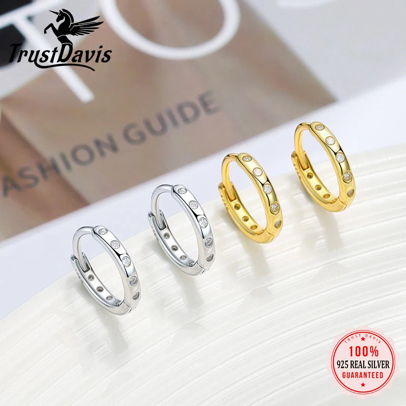 TrustDavis Real 925 Sterling Silver Women's Fashion Simple Zirconia Hoop Earrings for Women Girls Gift Fine Jewelry DS4711