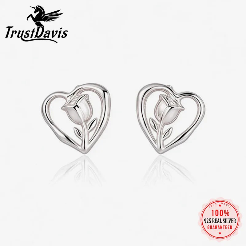 Silver Heart-Shaped Rose Stud Earrings DS5013