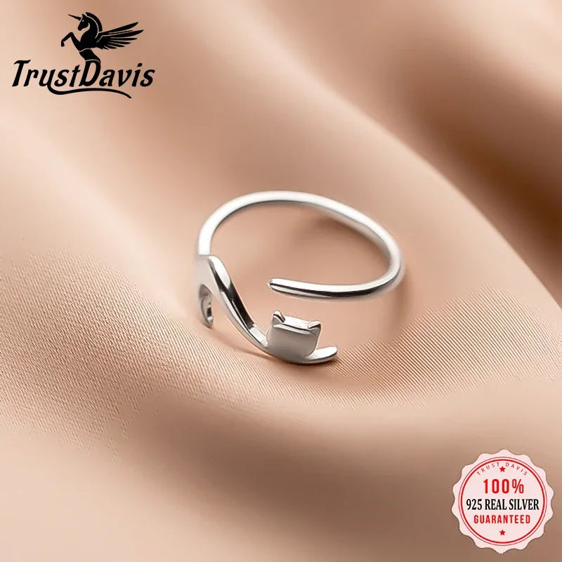 TrustDavis Real 925 Sterling Silver Fashion New Sweet Animal Cat Opening Ring For Women Wedding Party Fine S925 Jewelry DB065
