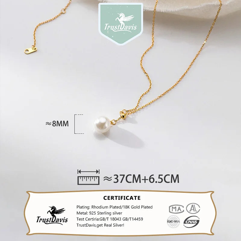 TrustDavis Real 925 Sterling Silver Sweet and Simple pearl Necklace for Women Mother's Day Fine Necklace Jewelry Gift DS4404