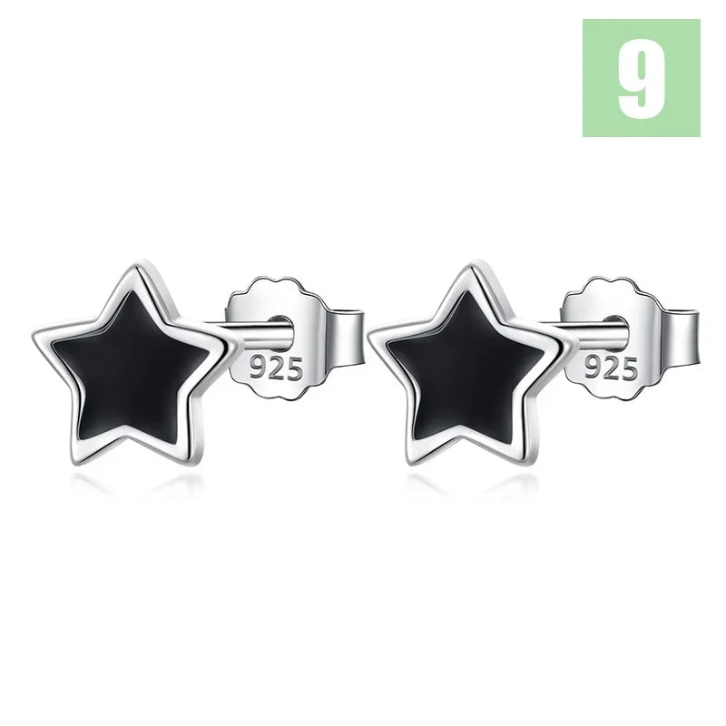 TrustDavis Real 925 Sterling Silver Black Star Square Heart Triangle Round Stud Earrings For Daughter Girls Birthday Gift DT14