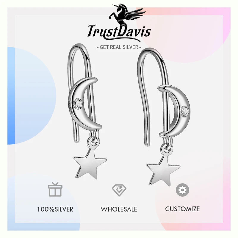 TrustDavis 925 Sterling Silver Women's Fashion Simple Star and Moon Tassel Earrings for Women Girls Jewelry Gift DS4267