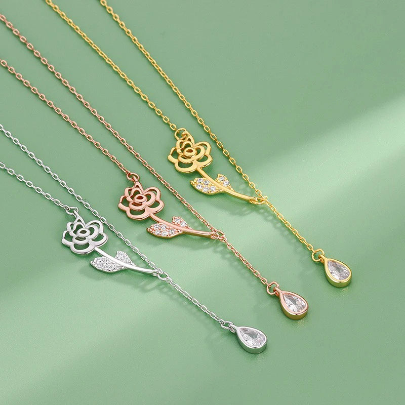 TrustDavis 925 Sterling Silver Women's Fashion Simple Rose Zircon Tassel Necklace for Women Girls Jewelry Gift DS4275