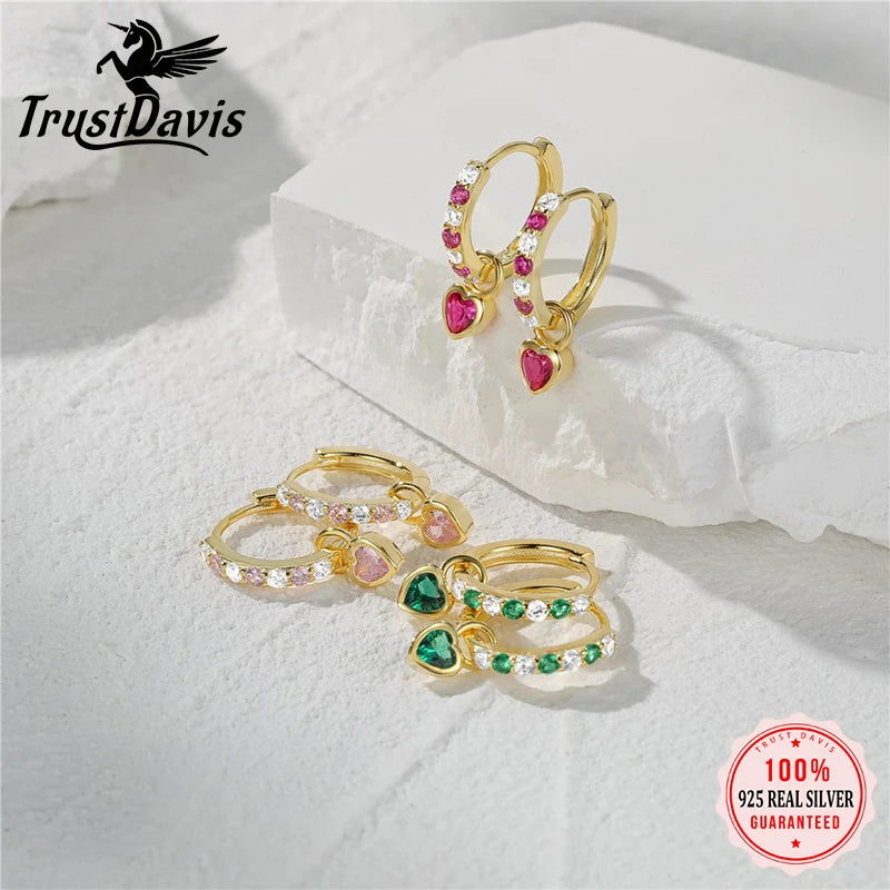 TrustDavis Real 925 Sterling Silver Fashion Simple Heart-shaped Earrings Zircon Love Earrings for Women Gift Jewelry DS4207